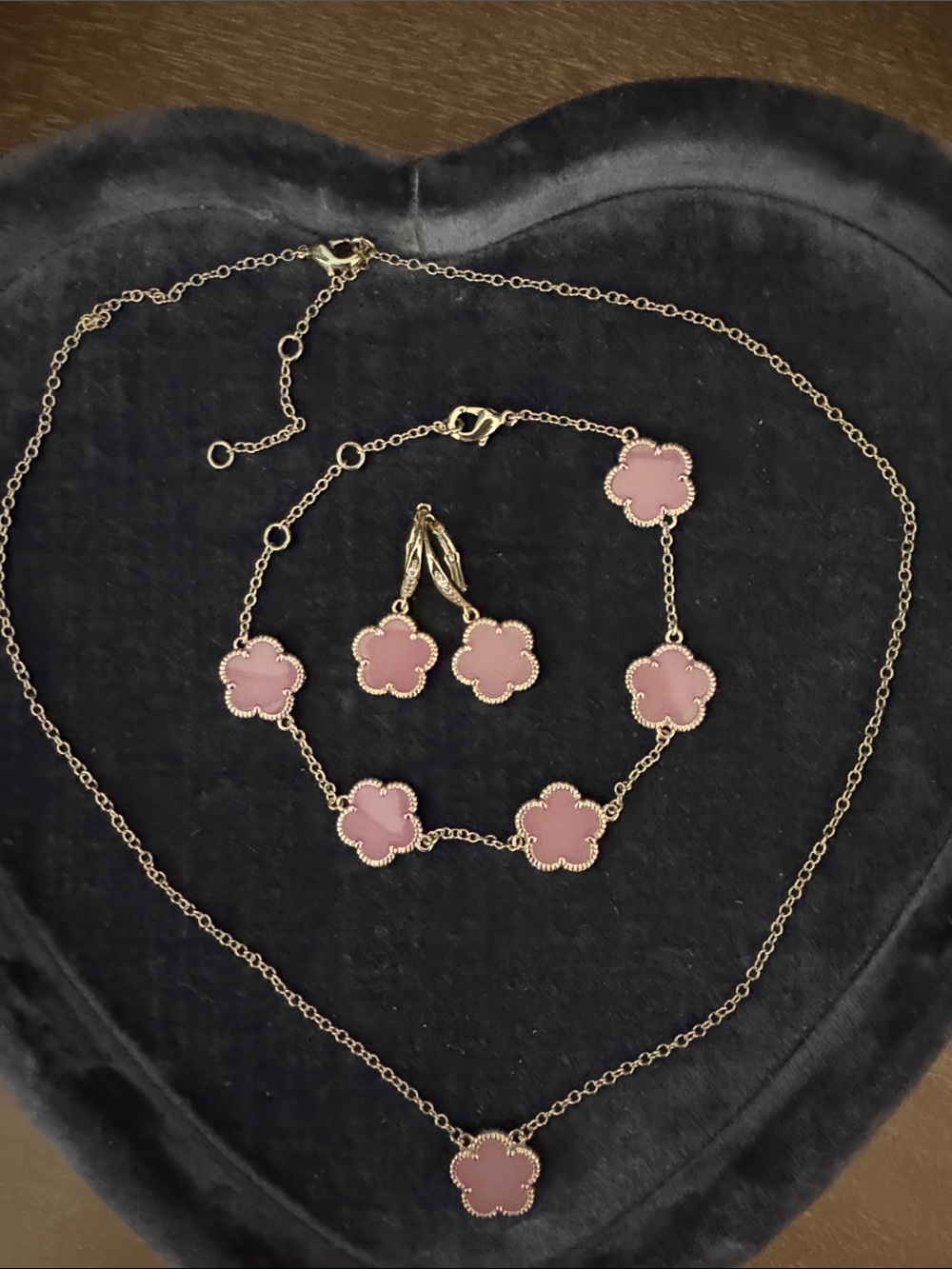 Gold Plated Pink Floral Necklace, Bracelet and Earring set